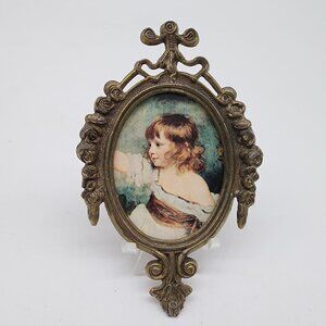 Vintage Italy Brass Oval Picture Frame With Victorian Child Portrait 2.25"x3"